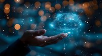 Digital brain hologram floating over open hand against dark background with bokeh lights, representing artificial intelligence and future technology in business innovation.