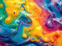 Vibrant fluid art with swirling rainbow colors of blue, yellow, pink, and purple creating abstract marble-like patterns with small bubbles throughout.