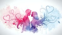 Watercolor silhouettes of romantic couple with decorative hearts and swirls in pink and blue tones for wedding and love designs.