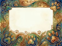 Ornate decorative frame featuring paw prints in gold, blue, and earth tones with swirling flourishes. Isolated on cream background, ready for pet-related designs, invitations, and branding projects.