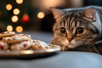 Adorable tabby kitten with big eyes lying next to plate of Christmas cookies with festive bokeh lights in cozy holiday home setting for seasonal greeting cards.