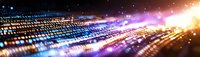 Digital data stream visualization with glowing light trails and particles flowing through binary code matrix in cyberspace, panoramic technology background.
