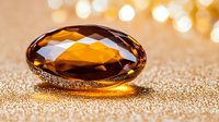 Large amber crystal gem with faceted cut on golden glittering background with bokeh lights, macro photography showing luxury jewelry detail and sparkle.