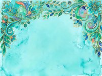 Turquoise watercolor background with ornamental floral border featuring decorative leaves, swirls, and blooms in gold, green, and purple tones. Ideal for invitations and greeting cards.