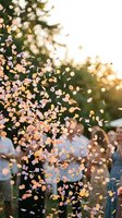 Romantic confetti petals falling through golden sunlight creating dreamy bokeh effect for wedding celebration and special events background.