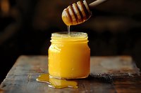 Golden honey dripping from wooden dipper into glass jar on rustic table, natural sweetener for cooking and baking applications.