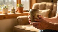 Elderly hands holding warm coffee cup in cozy living room with soft morning sunlight streaming through window creating peaceful atmosphere for relaxation.