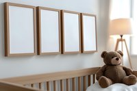 Nursery interior with four empty wooden frames on white wall and brown teddy bear sitting on crib, soft lamp light creates cozy atmosphere for baby room.