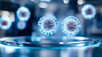 Microscopic view of virus cells with spiky surface floating above reflective liquid surface against dark blue background with bokeh effect. Medical research concept.