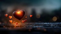 Glowing red hearts floating above dark reflective surface with magical bokeh lights and moody atmosphere. Romantic Valentine concept for greeting cards and love themes.