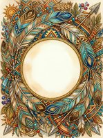 Ornamental circular frame with intricate boho leaf and geometric patterns in turquoise, gold, and rust tones on cream background. Isolated design element ready for invitations, posters, and branding projects.
