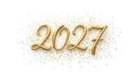 Metallic gold 2027 numerals with scattered sparkle confetti on white background, suitable for New Year celebrations and festive event graphics.