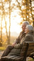 Happy senior Caucasian couple sitting on park bench during golden hour autumn sunset, enjoying peaceful retirement moment together outdoors.