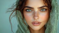 Young woman with bright blue eyes, freckles and natural makeup wearing green fabric, close up portrait against turquoise background. Soft dreamy atmosphere.