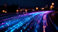 Digital data stream visualization with glowing blue and pink light trails against dark background, representing network connectivity and information flow.