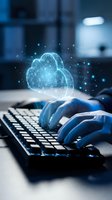 Hands typing on keyboard with glowing cloud computing hologram and binary code data streams floating above in modern office environment for technology concepts.