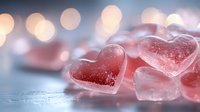 Frozen pink heart-shaped ice cubes on reflective surface with soft bokeh lights background create romantic mood for Valentine's Day and love concepts.