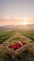 Fresh strawberries in wicker basket at sunrise on farm field with mountain landscape background for organic agriculture and harvest concepts.