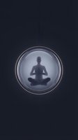 Silhouette of person in lotus meditation pose inside glowing spherical glass orb suspended against dark background, representing mindfulness, inner peace, and spiritual wellness practices.