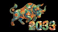 Colorful ornate ox with floral patterns and 2033 text, isolated on transparent background, ready for T-shirts, stickers, print on demand, and sublimation design use.