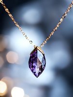 Elegant purple amethyst gemstone pendant on gold chain necklace with bokeh background for luxury jewelry fashion accessories and gift concepts.