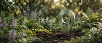 Green location pin marker emerging from rich soil surrounded by lush ferns and moss with warm bokeh lighting for eco-friendly navigation concepts.