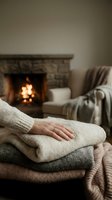 Person's hand resting on stack of cozy knit sweaters with fireplace and armchair blurred in background, conveying warmth and comfort for home decor and lifestyle content.