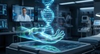 Futuristic holographic DNA double helix floating above digital tablet in modern medical laboratory with scientist researcher working on genetic analysis biotechnology.