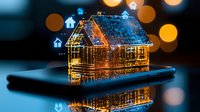 Glowing digital house hologram on smartphone screen with bokeh lights, representing smart home technology and real estate innovation in modern world.
