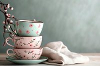 Stacked floral ceramic tea cups in pastel pink and mint green with cherry blossom pattern on rustic wooden table with soft linen.