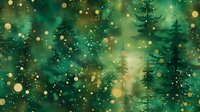 Magical forest landscape with pine trees silhouettes against emerald green background with golden bokeh lights and sparkles creating dreamy atmosphere.