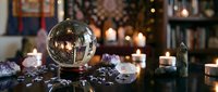 Mystical fortune telling setup with crystal ball, candles, tarot cards and gemstones creating atmospheric divination scene for spiritual guidance practices.