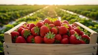 Fresh ripe strawberries in wooden crate at organic farm field during golden hour harvest time for healthy eating and agricultural produce marketing.