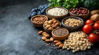 Healthy food ingredients in wooden bowls on dark background. Fresh vegetables, nuts, seeds, legumes and berries rich in protein, omega 3 and antioxidants.