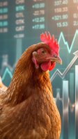 Brown rooster with red comb against blurred stock market data display showing financial charts and trading numbers, symbolizing market growth and investment success.