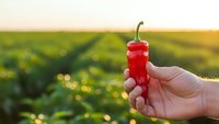 Hand holding fresh red chili pepper against blurred agricultural field background during golden hour sunset for organic farming and spicy food concepts.