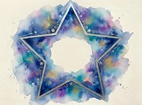 Watercolor star frame with colorful paint splashes in blue, purple and teal tones on textured paper background for creative design projects.