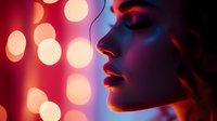 Side profile of young woman with red lipstick against blurred bokeh lights background in neon pink and purple colors creating dreamy atmospheric portrait with dramatic lighting.