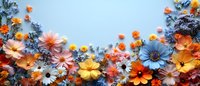 Colorful paper flowers arrangement on blue background creating spring floral border with orange, yellow and blue blooms in panoramic composition.