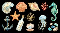 Watercolor sea life collection featuring nautilus, shells, starfish, coral, seahorse, anchor, compass, jellyfish, and stones isolated on transparent background. Ready for t-shirt designs, clipart, stickers, sublimation, and print-on-demand projects.
