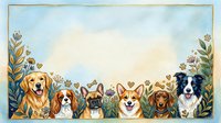 Watercolor border frame with cute dogs, golden retriever, corgi, bulldog, dachshund, border collie, floral plants, hearts, copy space.