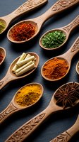 Colorful spices and herbs in ornate wooden spoons arranged on dark slate background for culinary cooking and seasoning recipes.
