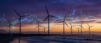 Offshore wind turbines generating renewable energy at sunset with digital network connections representing smart grid technology and sustainable power solutions.