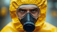 Close up portrait of person wearing yellow hazmat suit, protective goggles and respirator mask during emergency response or chemical hazard situation.