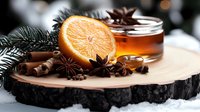 Fresh orange slice with honey jar, star anise, cinnamon sticks and pine branches on rustic wooden slice, winter spices composition against blurred lights.