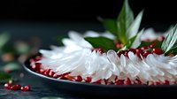 White chrysanthemum petals scattered on dark plate with fresh pomegranate seeds and green leaves creating elegant contrast for food styling and decoration.