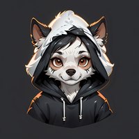 Cute anthropomorphic white wolf character in black hoodie with orange accents, large expressive brown eyes and friendly smile on dark background.