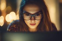 Young Asian woman in glasses illuminated by warm bokeh lights and screen glow, focusing intently while working late at night on computer. Professional workplace setting.