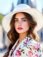Young woman in white sun hat and floral dress posing outdoors in urban setting with soft natural lighting for summer fashion and lifestyle concepts.