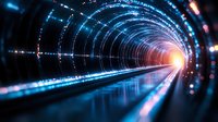 Futuristic tunnel with glowing blue light trails and orange exit point, reflecting on wet surface. Modern transportation concept with circular light patterns.